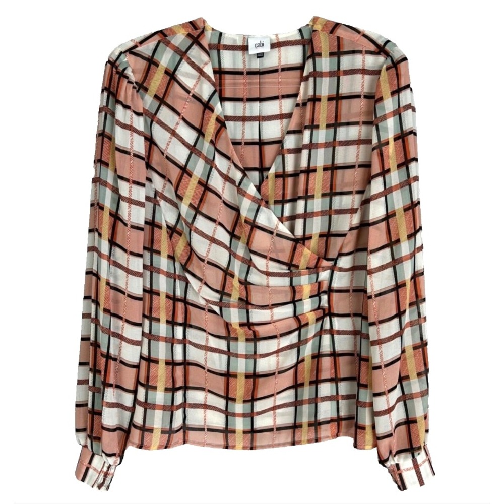 CABI 6295 Plaid Chiffon Lined WHIST BLOUSE TOP MultiColor FAUX WRAP PLEATED sz M